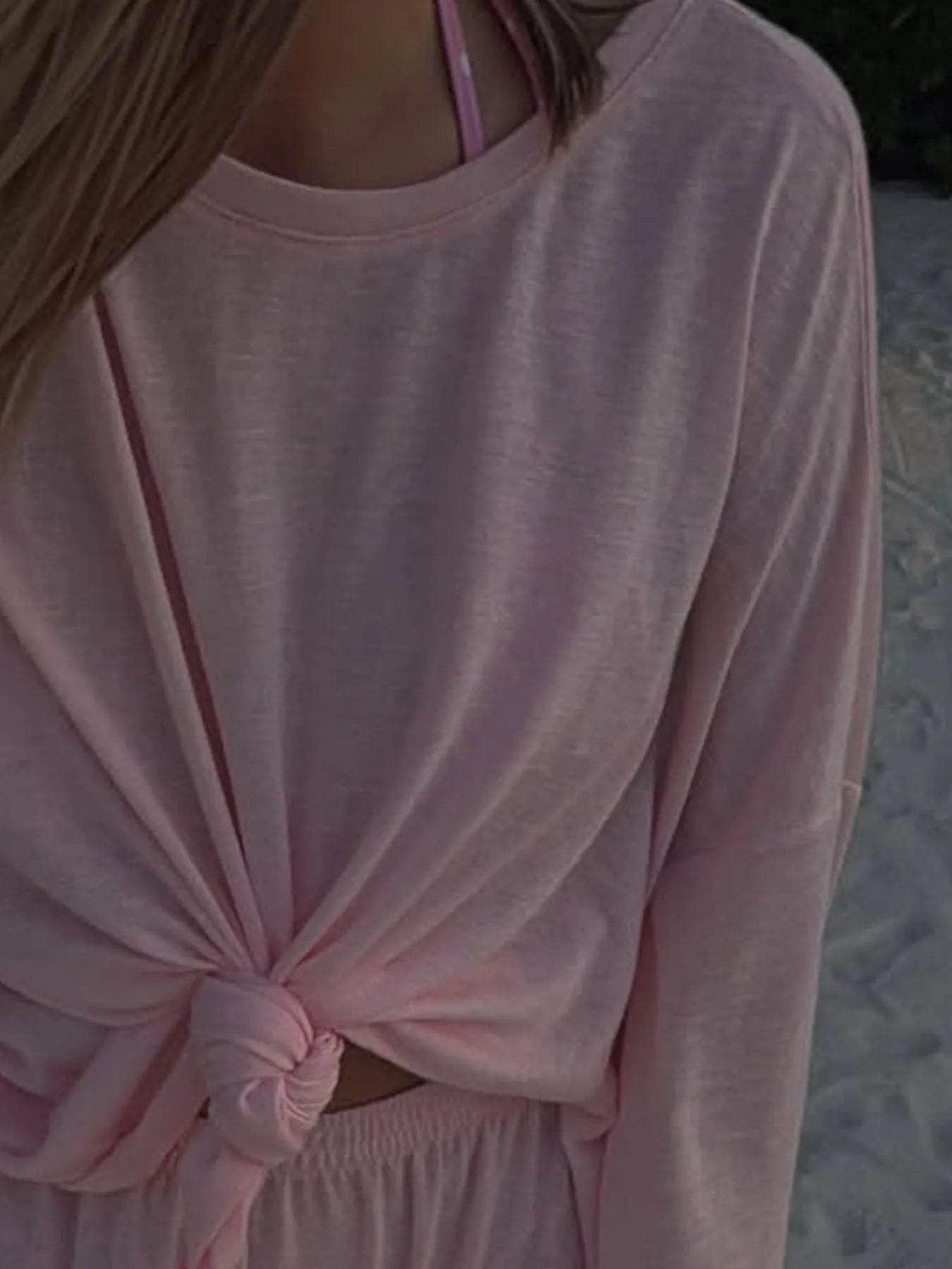 Slightly Stretchy Knotted Long Sleeve T-Shirt in Sheer 100% Polyester - Trendy Basic Style - Store 42