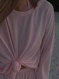 Slightly Stretchy Knotted Long Sleeve T-Shirt in Sheer 100% Polyester - Trendy Basic Style - Store 42