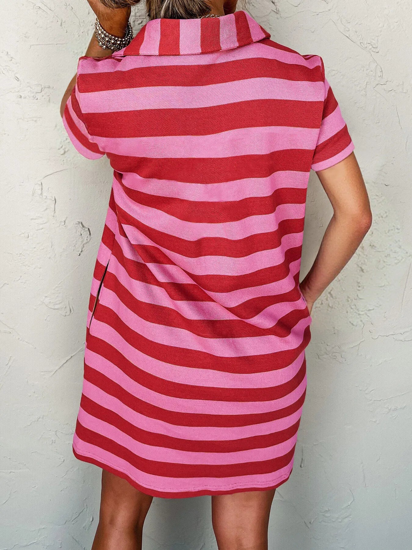 Striped Johnny Collar Dress with Pockets - Short Sleeve, 100% Polyester, Moderate Stretch