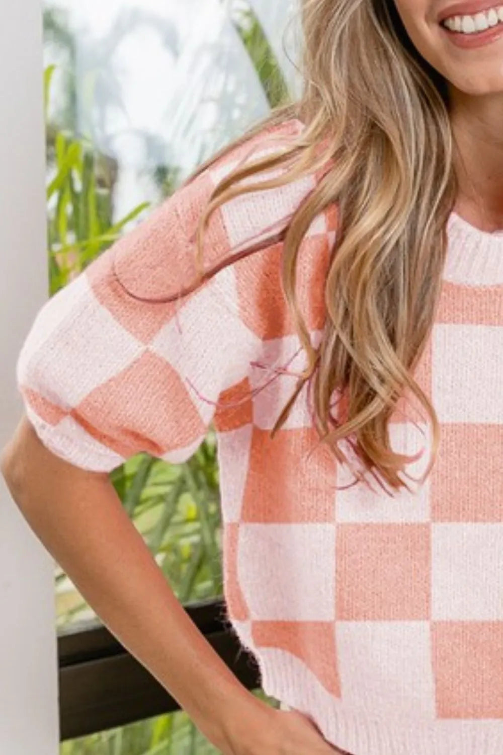 Chic BiBi Check Pattern Short Puff Sleeve Sweater Top - Versatile & Stylish Design