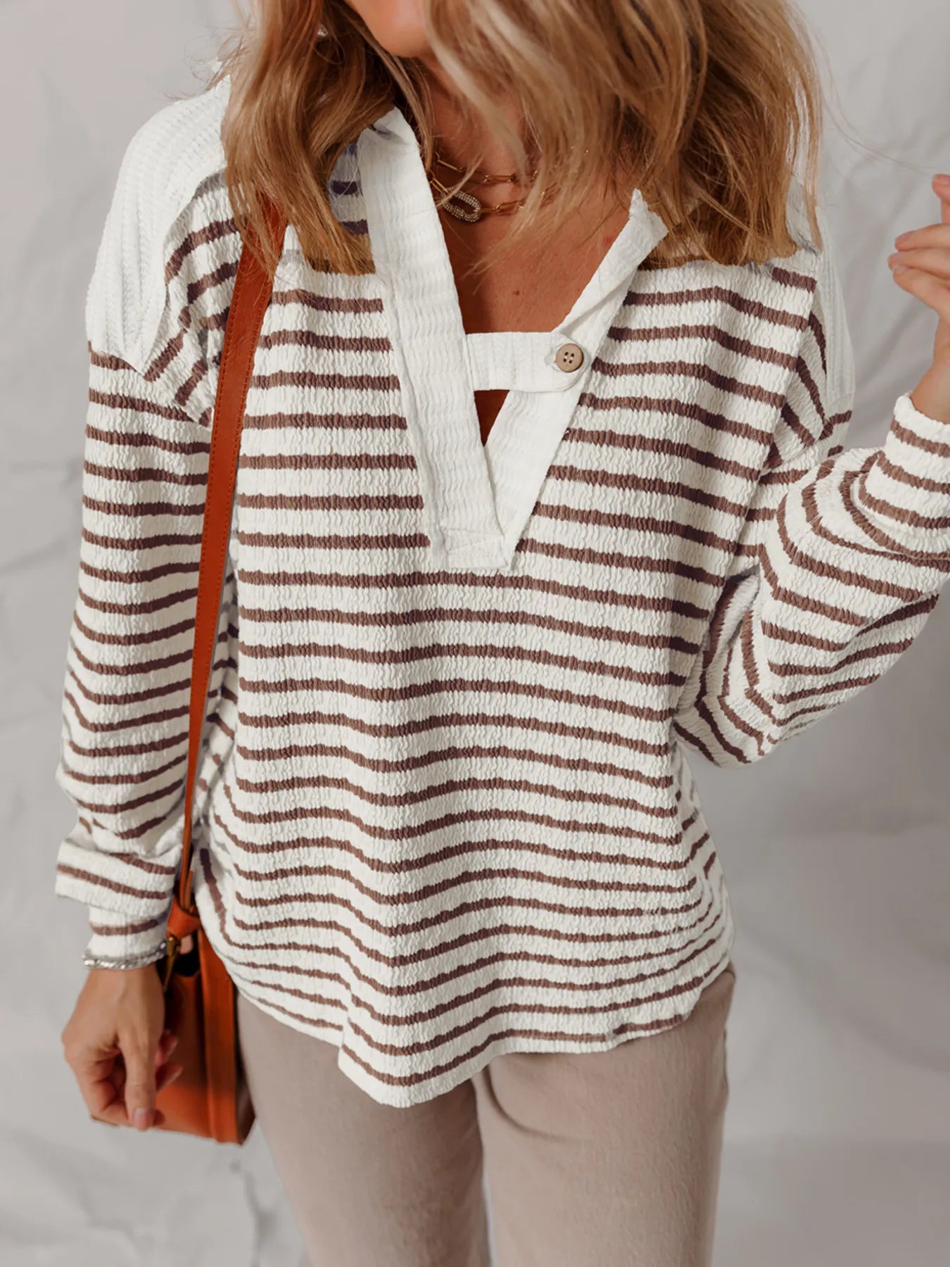 Trendy Striped V-Neck Long Sleeve Knit Hoodie with Buttoned Detail and Stretchy Comfort
