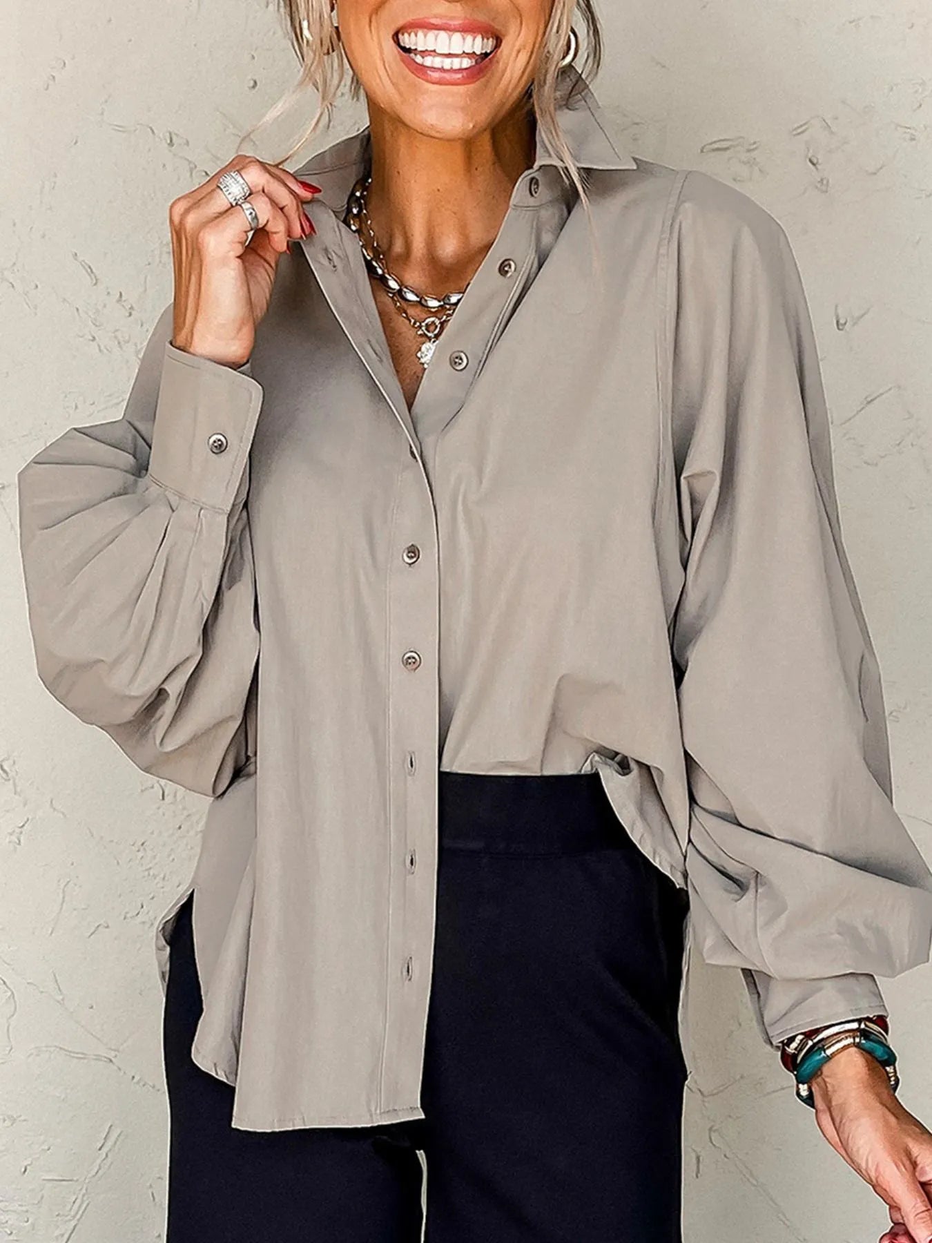 Trendsi Button Up Lantern Sleeve Cotton Shirt - Classic Style & Comfortable Fit