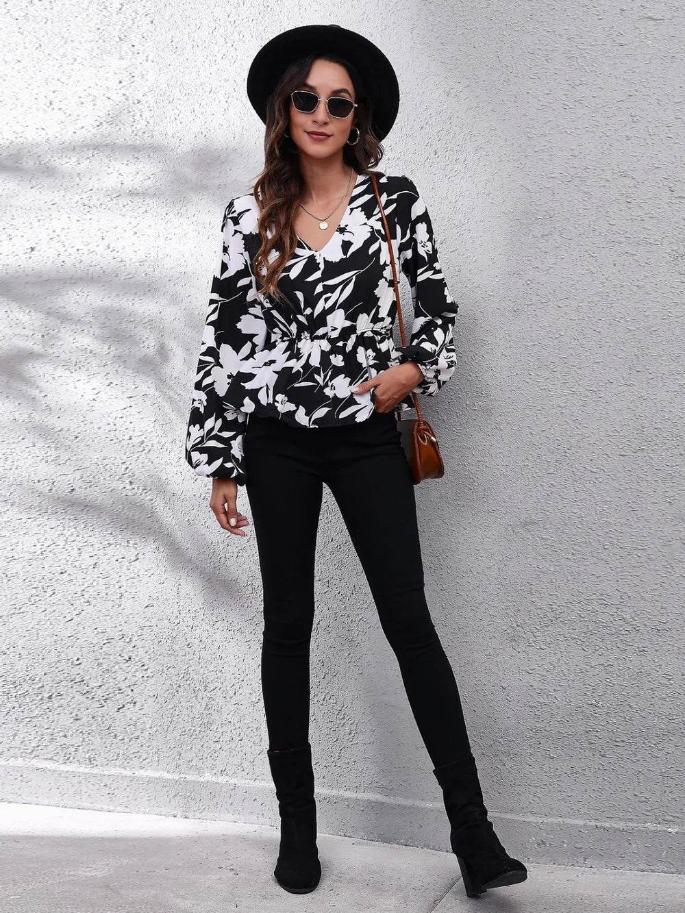 Floral Balloon Sleeve Peplum Blouse with V-Neck - Opaque 100% Polyester, Trendy Style - Store 42
