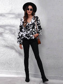 Floral Balloon Sleeve Peplum Blouse with V-Neck - Opaque 100% Polyester, Trendy Style - Store 42