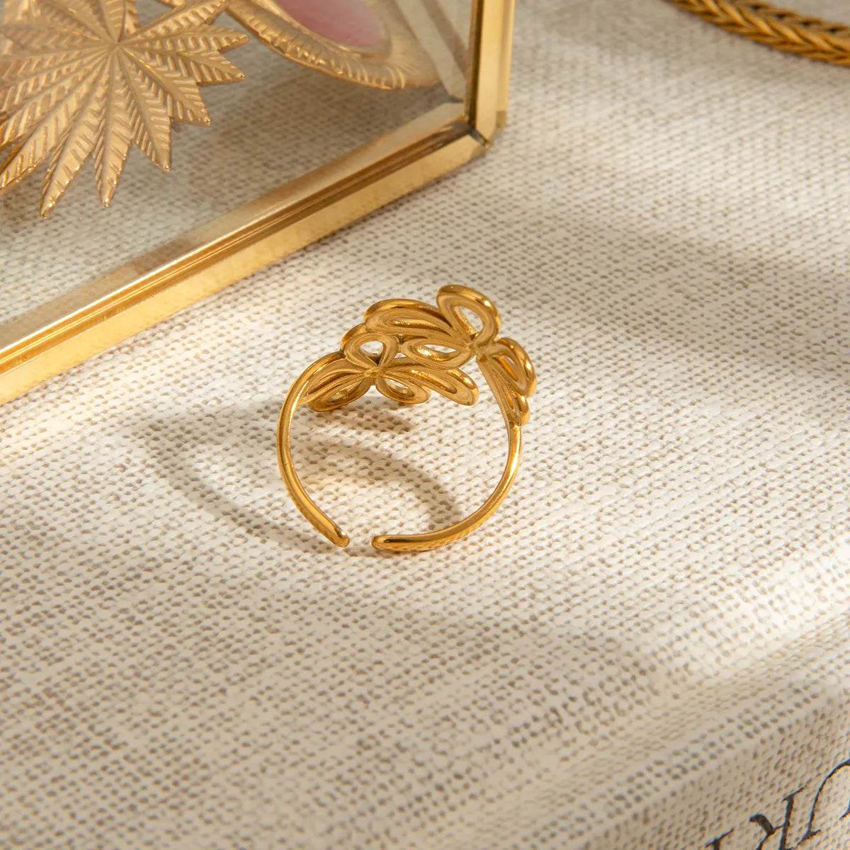 Elegant 18K Gold-Plated Stainless Steel Flower Ring with Adjustable Open Band Design - Store 42