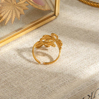 Elegant 18K Gold-Plated Stainless Steel Flower Ring with Adjustable Open Band Design - Store 42