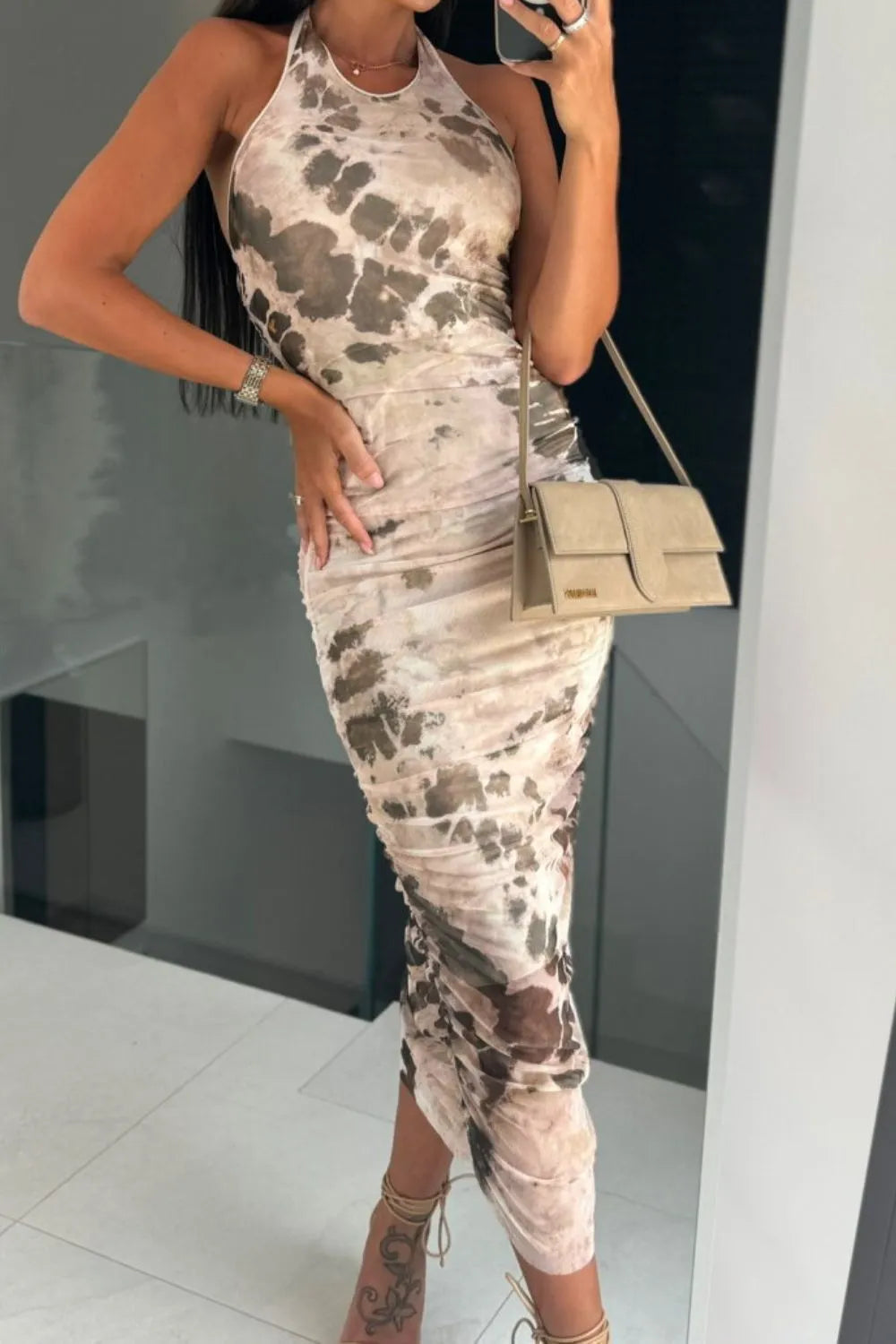 Backless Printed Halter Neck Dress Tan