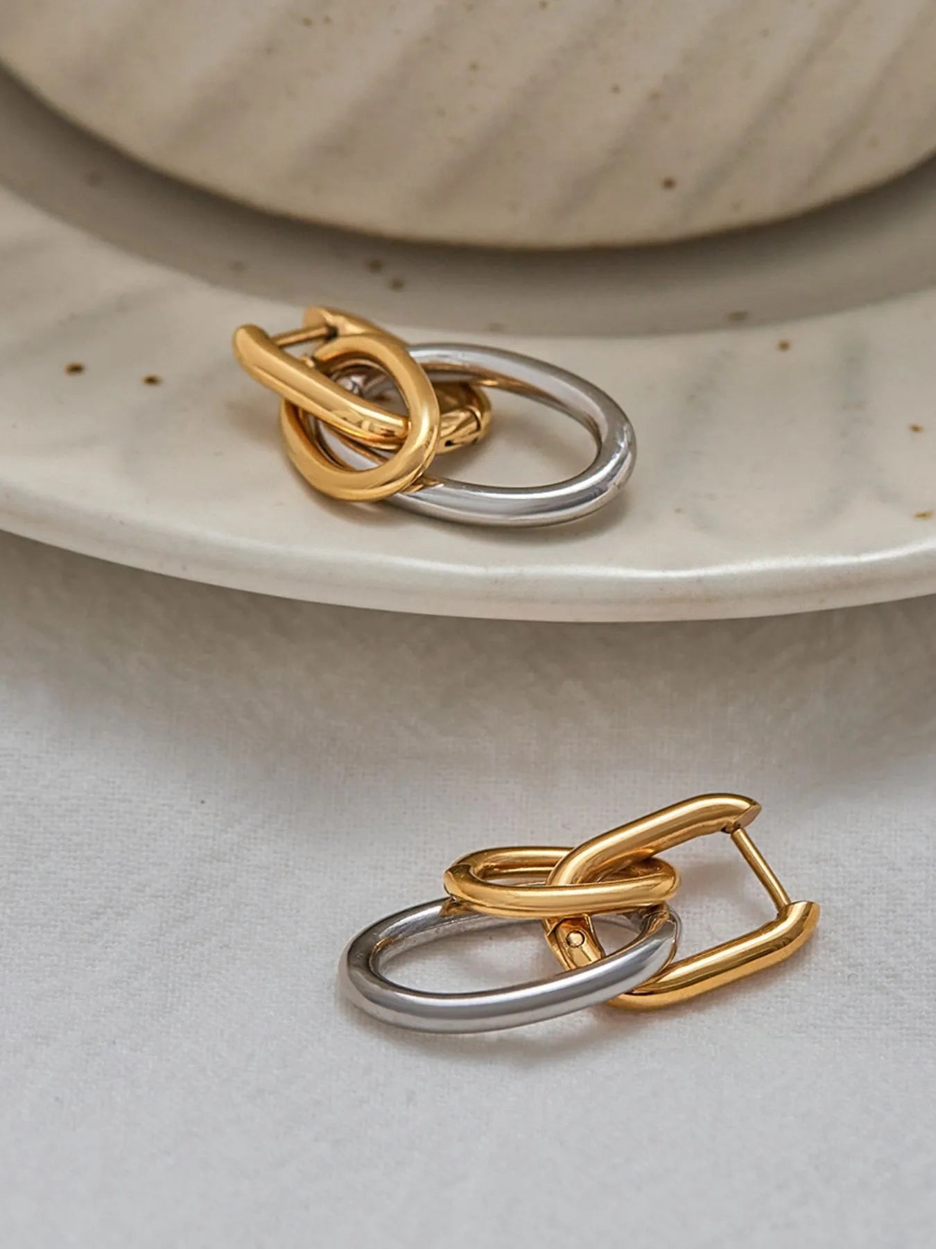 Stainless Steel Two-Tone Interlocked Hoop Earrings