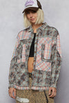 POL Plaid Patchwork Long Sleeve Shirt with Raw Edge Detail Air Force Blue