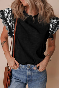 Round Neck Printed Ruffled Cap Sleeve Blouse Black