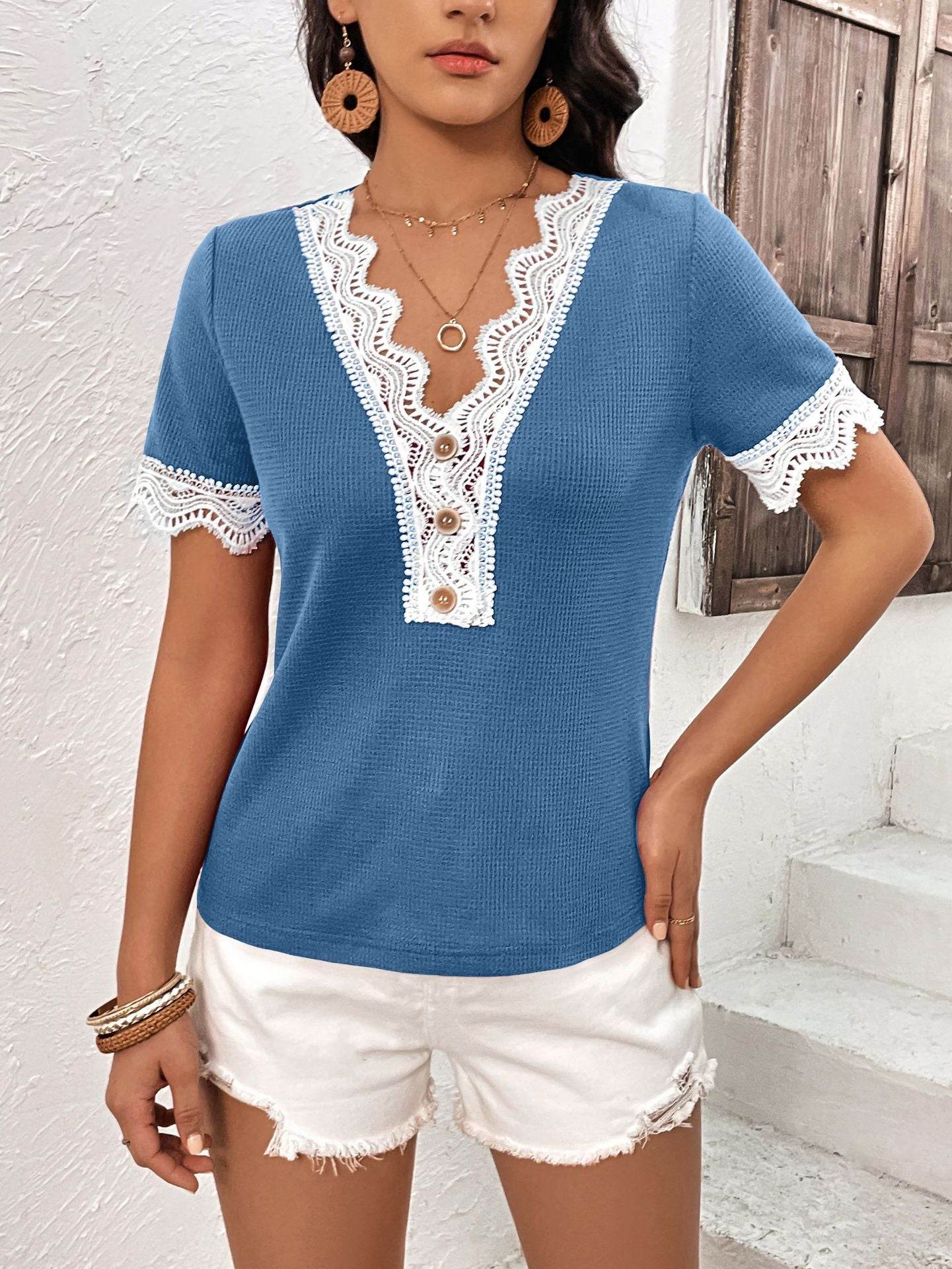 Ivy Lane Decorative Button Spliced Lace Short Sleeve Top - Store 42