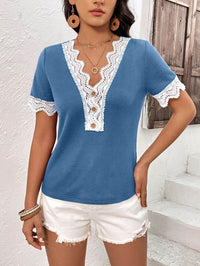 Ivy Lane Decorative Button Spliced Lace Short Sleeve Top - Store 42