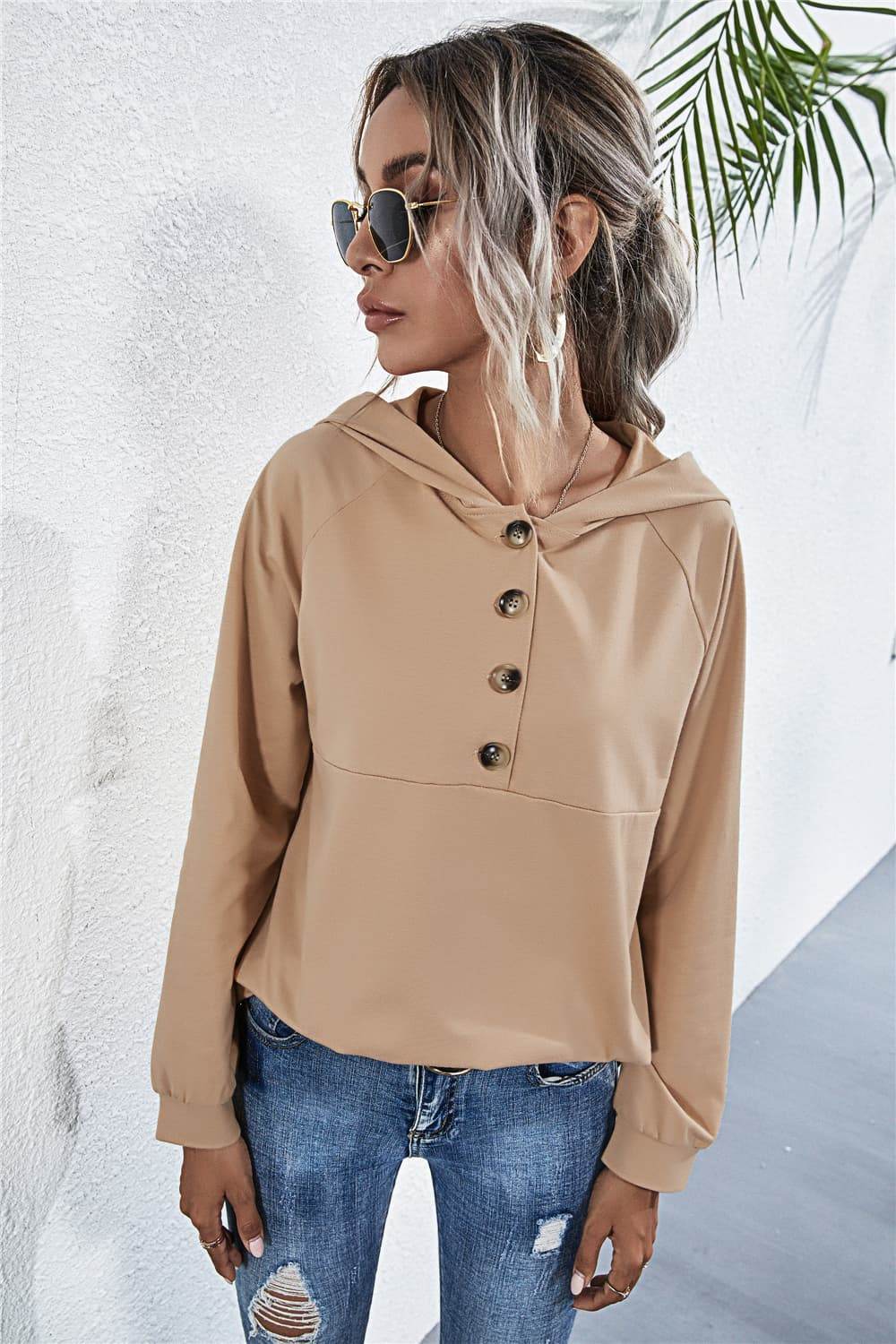 Chic Hooded Blouse with Buttoned Raglan Sleeves - Opaque, Slightly Stretchy, Stylish Comfort - Store 42