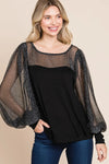 Super Lady Full Size Metallic Mesh Lantern Sleeve Blouse Black