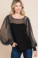 Super Lady Full Size Metallic Mesh Lantern Sleeve Blouse Black