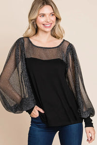 Super Lady Full Size Metallic Mesh Lantern Sleeve Blouse Black