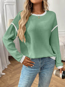 Slightly Stretchy Ribbed Long Sleeve Top with Contrast Trim - Elegant Basic Style - Store 42