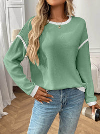 Slightly Stretchy Ribbed Long Sleeve Top with Contrast Trim - Elegant Basic Style - Store 42