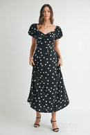MABLE Polka Dot Puff Sleeve Midi Dress Black