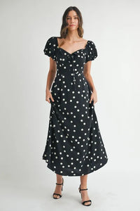 MABLE Polka Dot Puff Sleeve Midi Dress Black