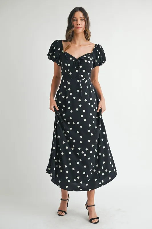 MABLE Polka Dot Puff Sleeve Midi Dress Black