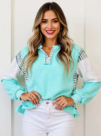 Color Block Plaid Notched Long Sleeve Top Tiffany Blue