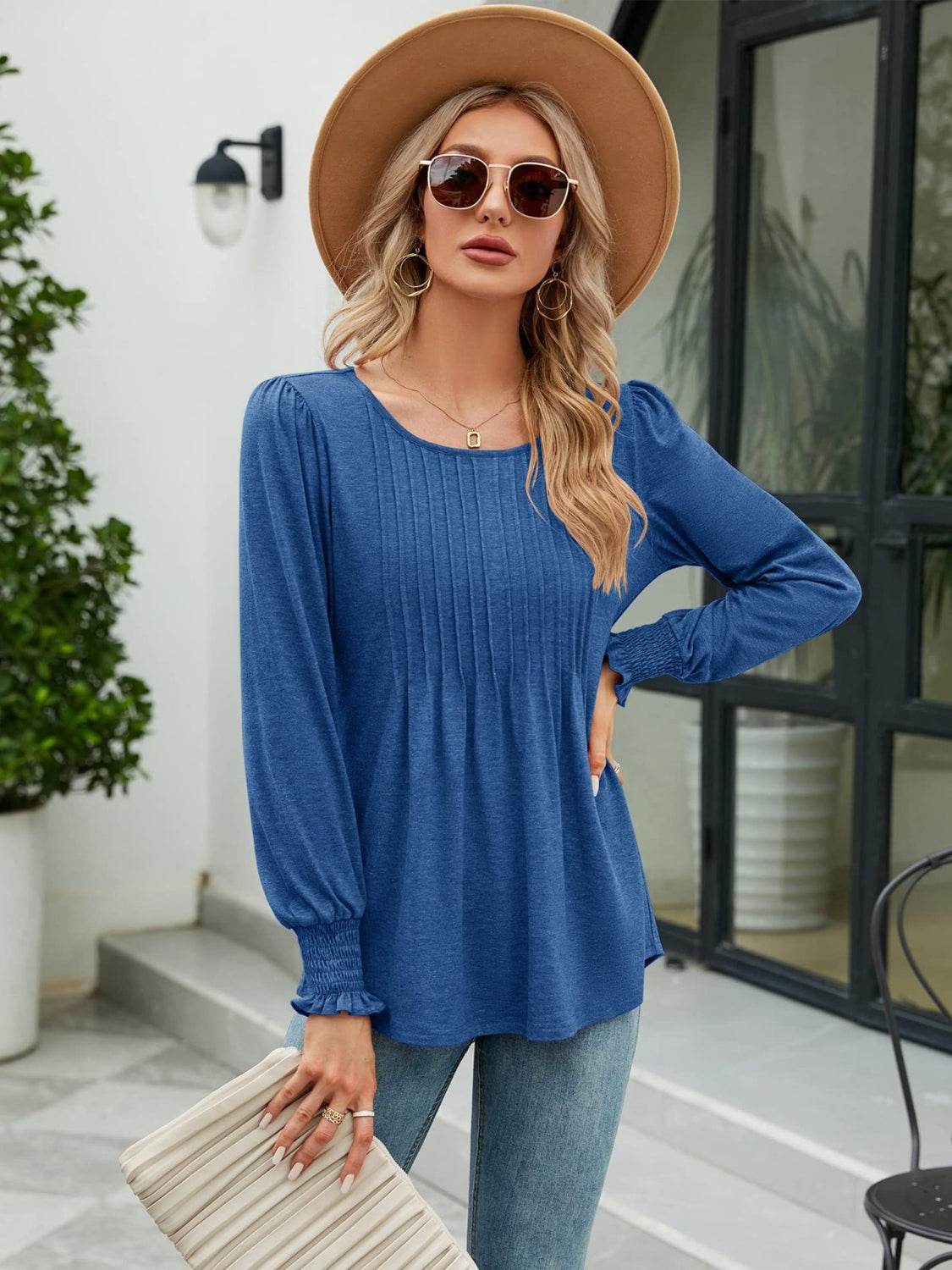 Stylish Smocked Round Neck Blouse With Lantern Sleeves - Opaque 65% Rayon, 35% Polyester - Store 42