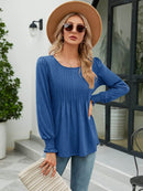 Stylish Smocked Round Neck Blouse With Lantern Sleeves - Opaque 65% Rayon, 35% Polyester - Store 42
