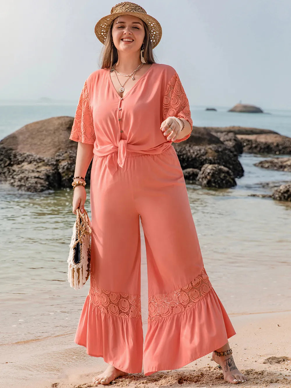 Plus Size 2-Piece Button Up Half Sleeve Top & Pants Set with Lace Detail & Ruffles