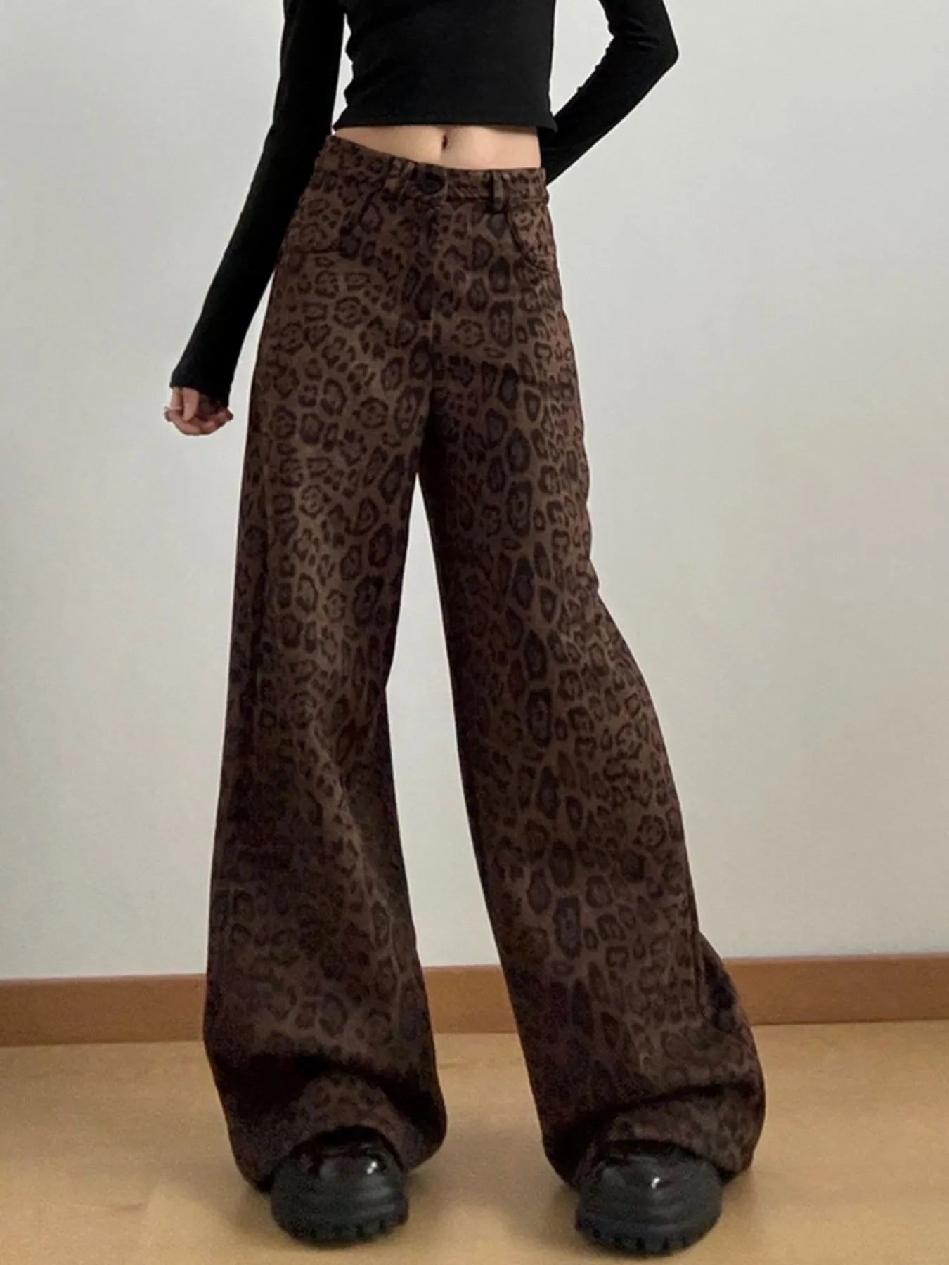 Leopard Print High Waist Wide Leg Pants with Pockets - 100% Polyester, Chic and Comfortable