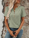 Stylish Eyelet Notched Top with Decorative Buttons - Short Sleeve & Slightly Stretchy, Opaque Fabric - Store 42