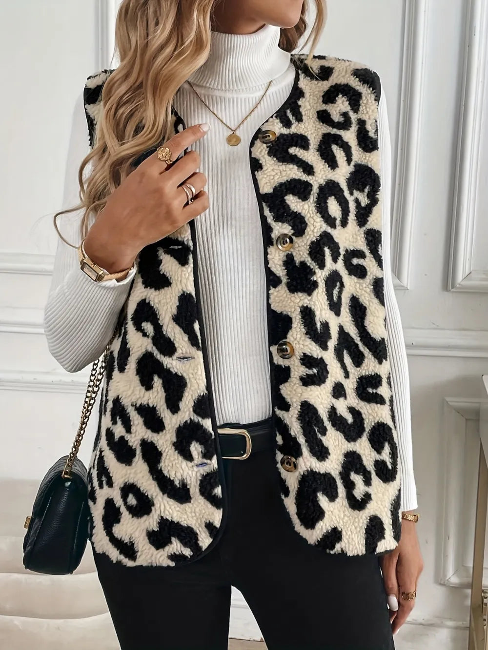 Trendy Leopard Print Button Up Sherpa Vest for Women - 100% Polyester, Soft & Cozy