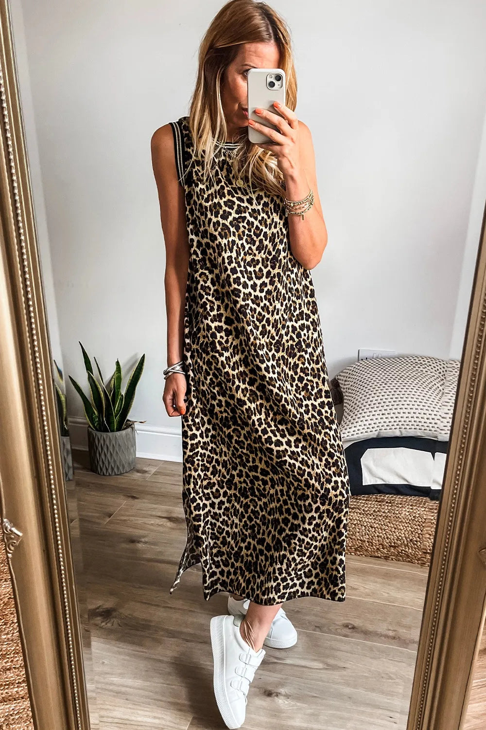 Leopard Print Sleeveless Maxi Dress with Side Slit – Slightly Stretchy and Opaque