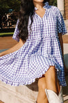 Plaid Tie Neck Short Sleeve Babydoll Mini Dress Lavender