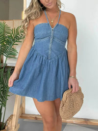 Full Size Lace Up Halter Neck Denim Dress Plus Size - Store 42