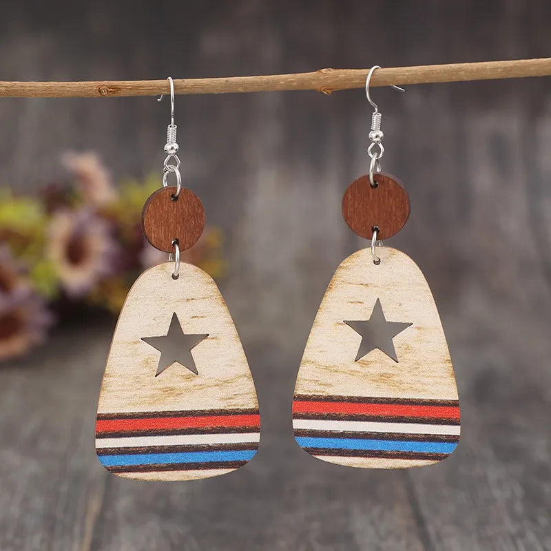 Stylish Cutout Star & Stripes Wooden Dangle Earrings - Lightweight Alloy & Wood Design
