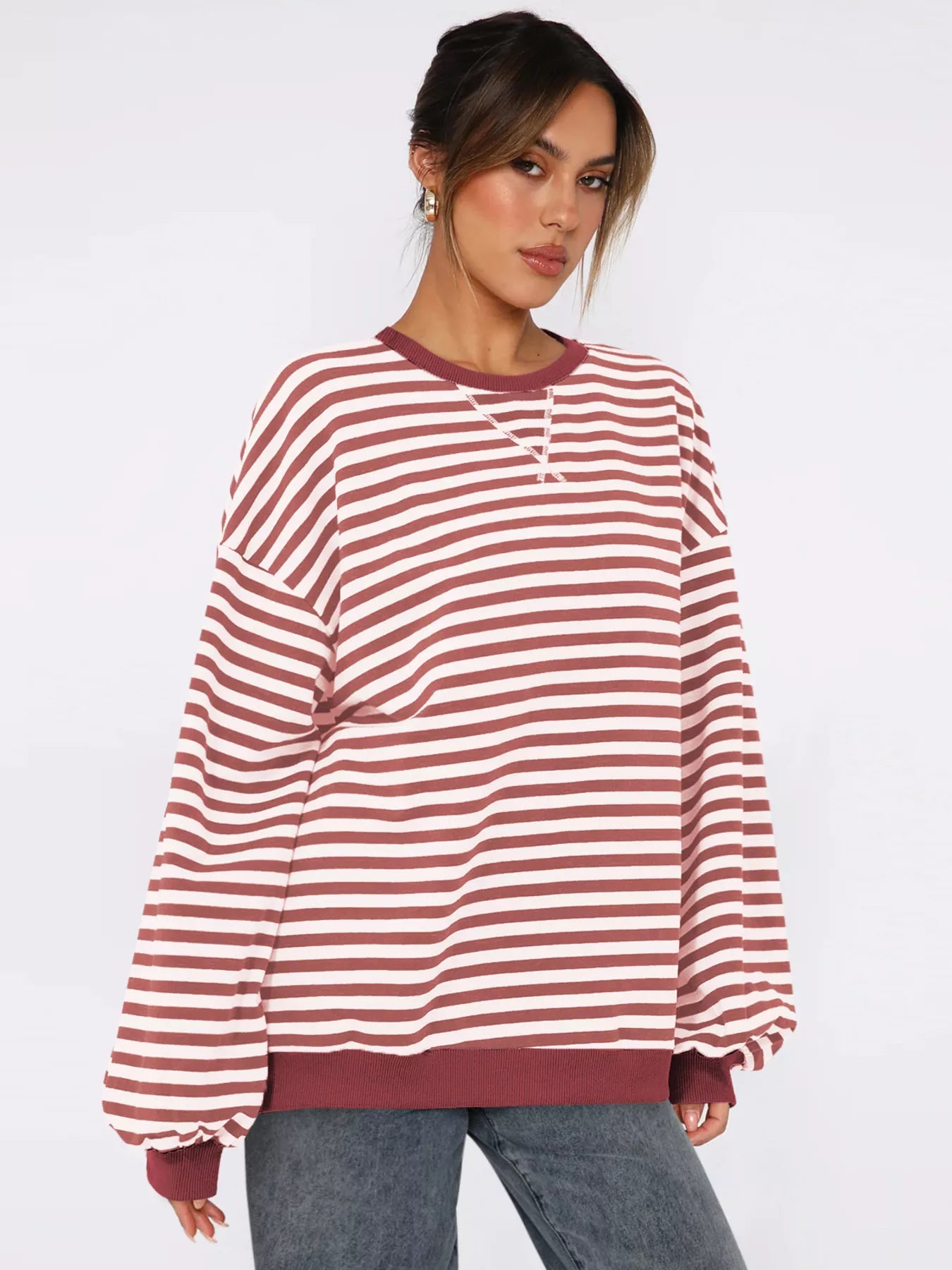 Trendy Striped Oversized Round Neck Long Sleeve Sweatshirt – Soft Stretchy Viscose Blend