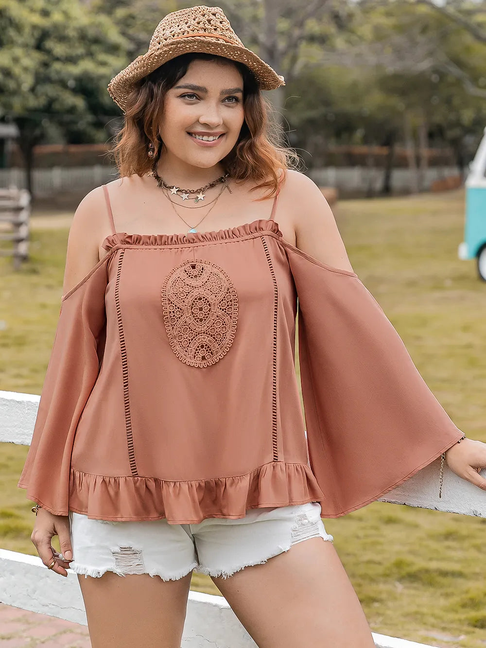 Plus Size 100% Viscose Frill Square Neck Blouse with Long Sleeves - Opaque and Stylish