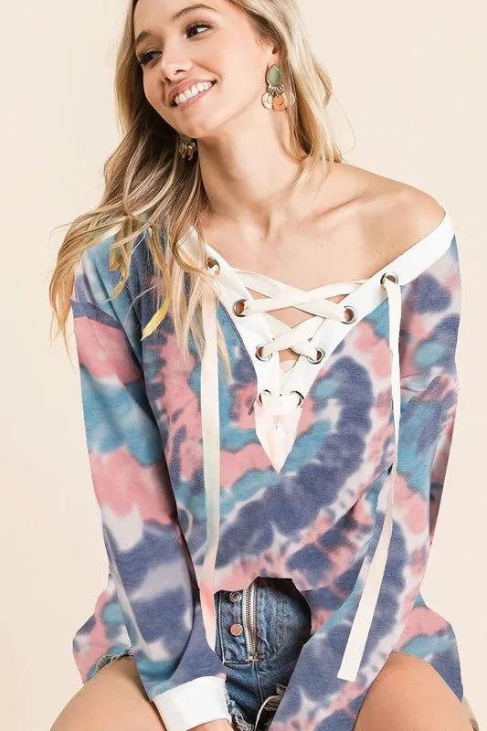 BiBi Tie Dye Deep V-Neck Top with Lace-Up Front - Trendy Bohemian Style for Casual Outings