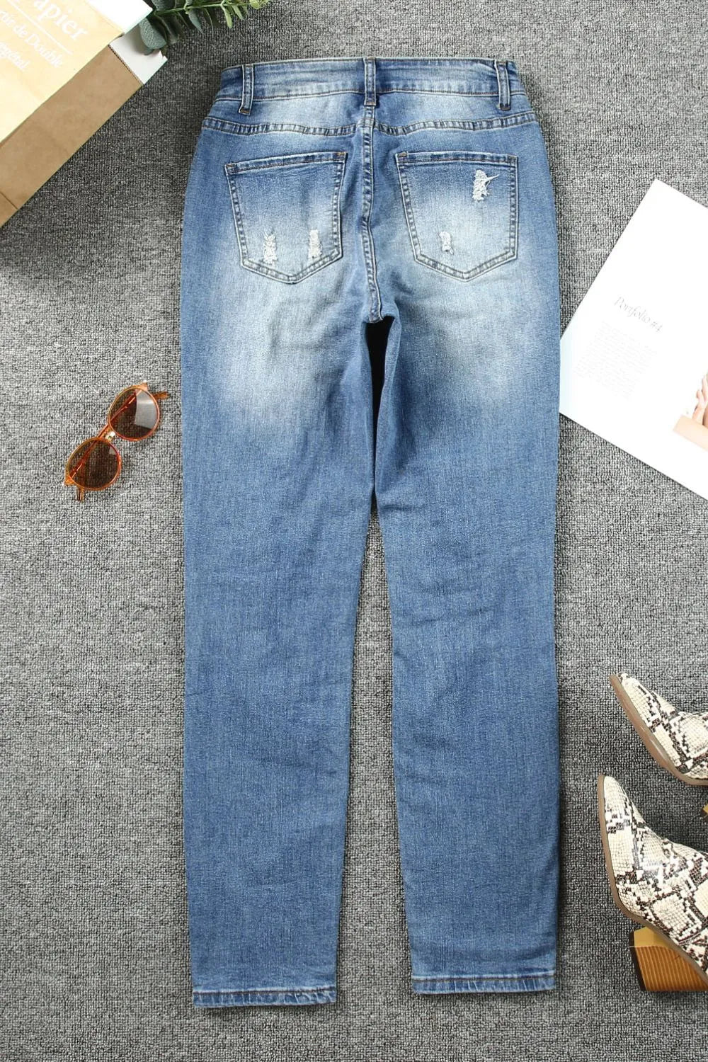 Leopard Print Distressed Straight Jeans with Pockets - Slightly Stretchy Cotton Blend