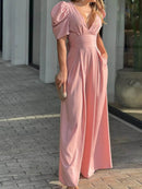 Full Size Cutout V-Neck Puff Sleeve Jumpsuit Plus Size - Store 42