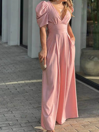 Full Size Cutout V-Neck Puff Sleeve Jumpsuit Plus Size - Store 42