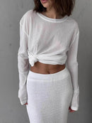 Slightly Stretchy Knotted Long Sleeve T-Shirt in Sheer 100% Polyester - Trendy Basic Style - Store 42