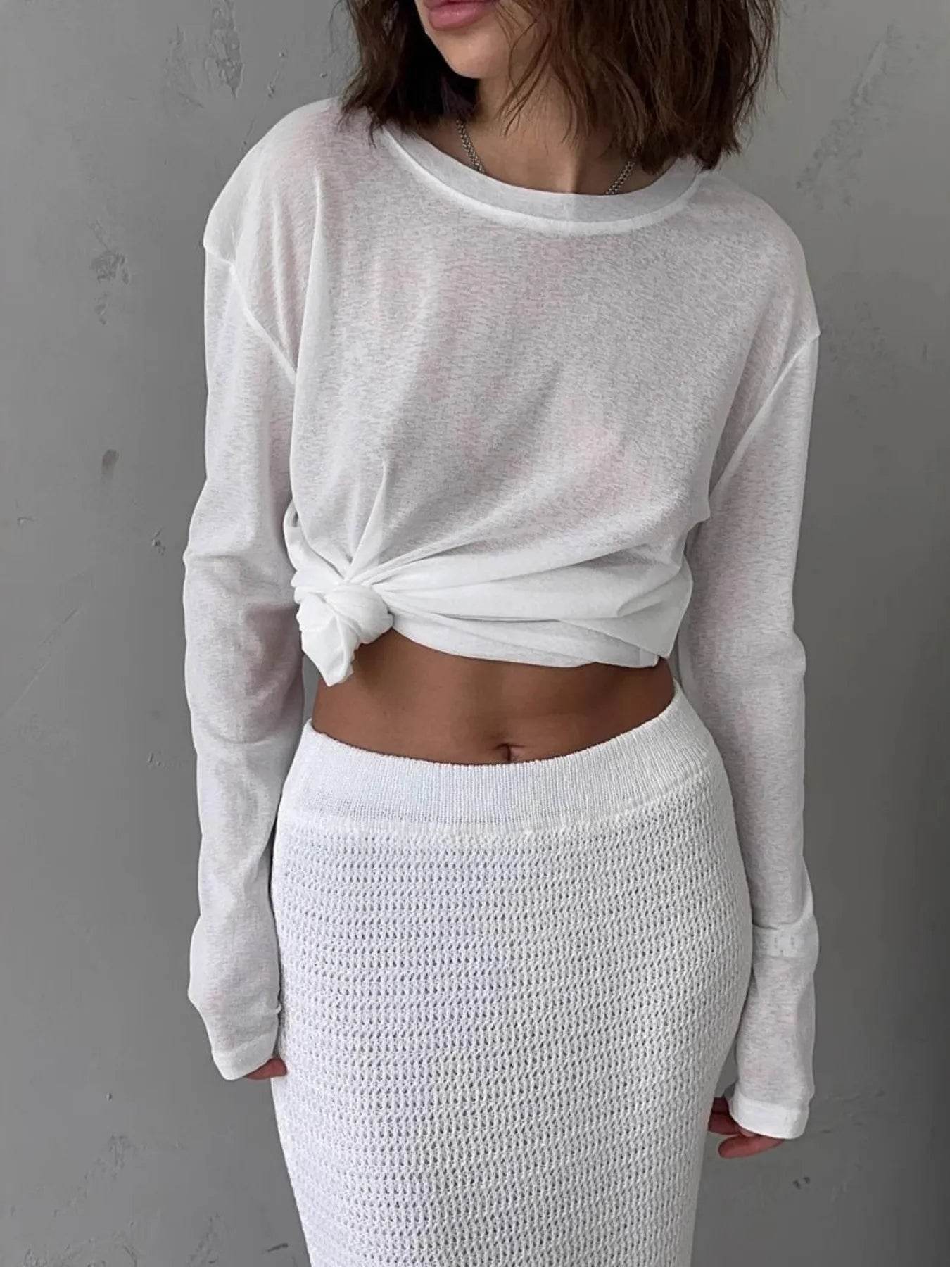Slightly Stretchy Knotted Long Sleeve T-Shirt in Sheer 100% Polyester - Trendy Basic Style - Store 42