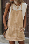 Side Buttons Square Neck Overall Mini Dress Tan