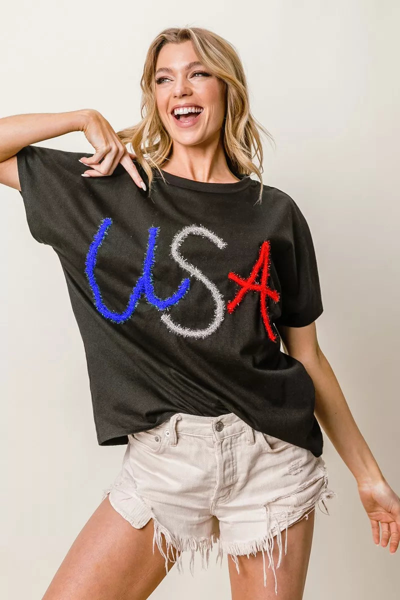 Patriotic Graphic Oversized Dolman Sleeve Top with Rhinestone Detail in Charcoal Gray