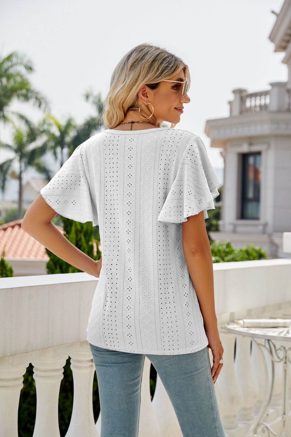 Trendsi Eyelet Flutter Sleeve Semi-Sheer Round Neck Casual Top - 100% Polyester - Store 42