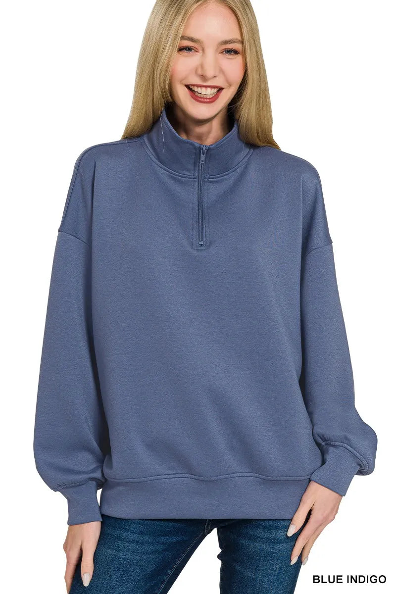 Trendy Zenana Scuba Quarter-Zip Sweatshirt in Comfortable Stretchy Fabric for Layering