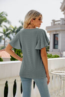 Trendsi Eyelet Flutter Sleeve Semi-Sheer Round Neck Casual Top - 100% Polyester - Store 42