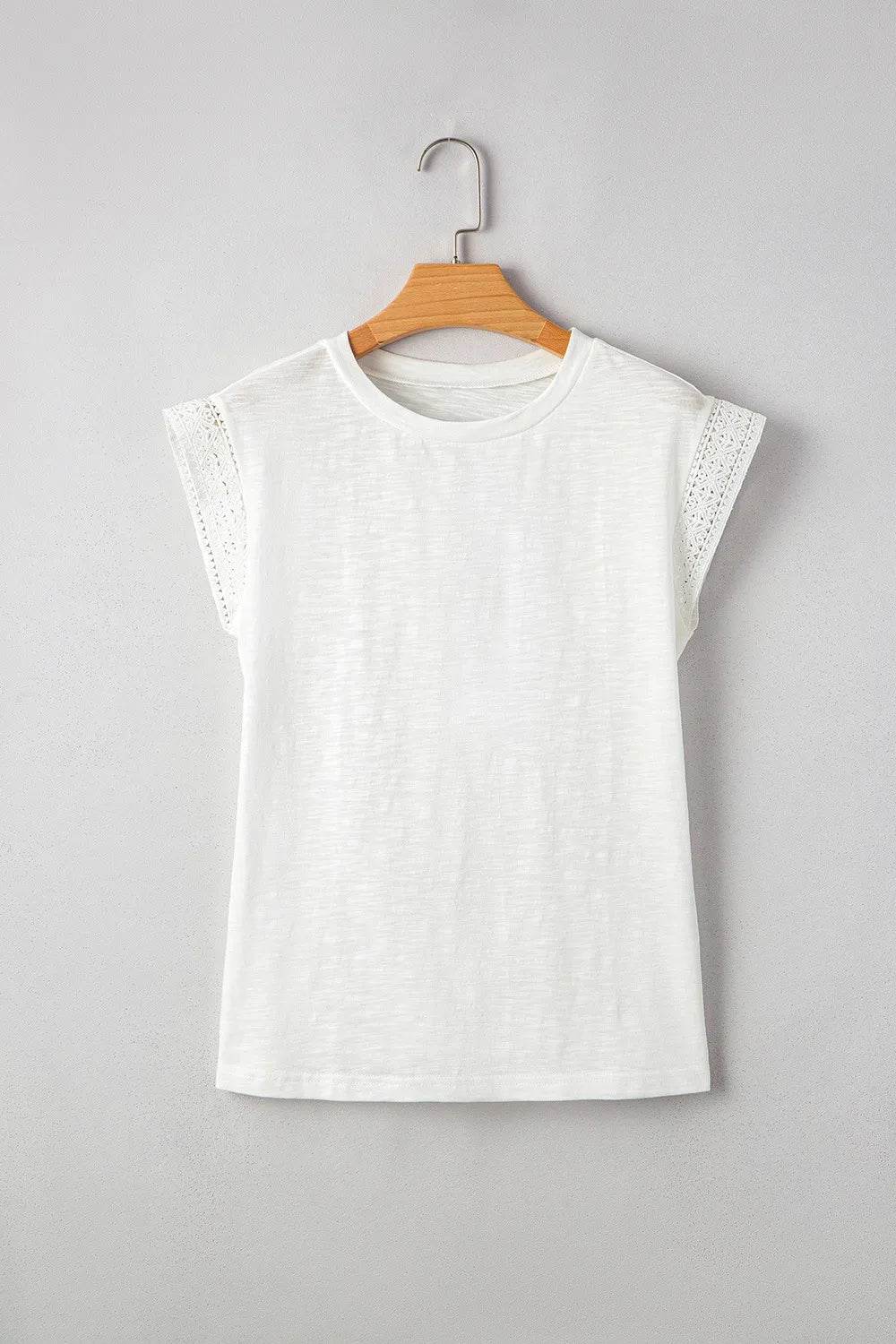 Lace Patchwork Cap Sleeve T-Shirt with Round Neck - Soft Polyester Cotton Blend - Store 42